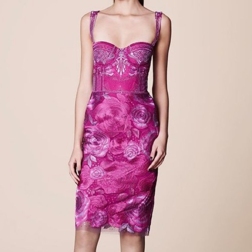 Marchesa Notte hot pink floral embroidered sheath bustier cocktail dress, size 8